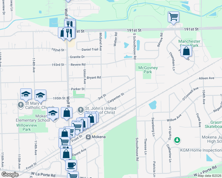 map of restaurants, bars, coffee shops, grocery stores, and more near 10924 3rd Street in Mokena