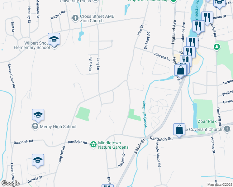 map of restaurants, bars, coffee shops, grocery stores, and more near 12 Conner Drive in Middletown