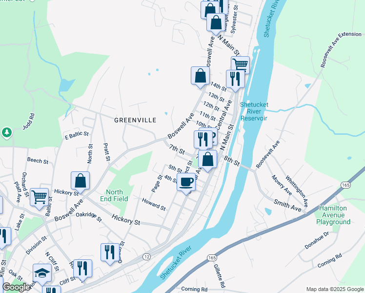 map of restaurants, bars, coffee shops, grocery stores, and more near 29 Durfey Street in Norwich