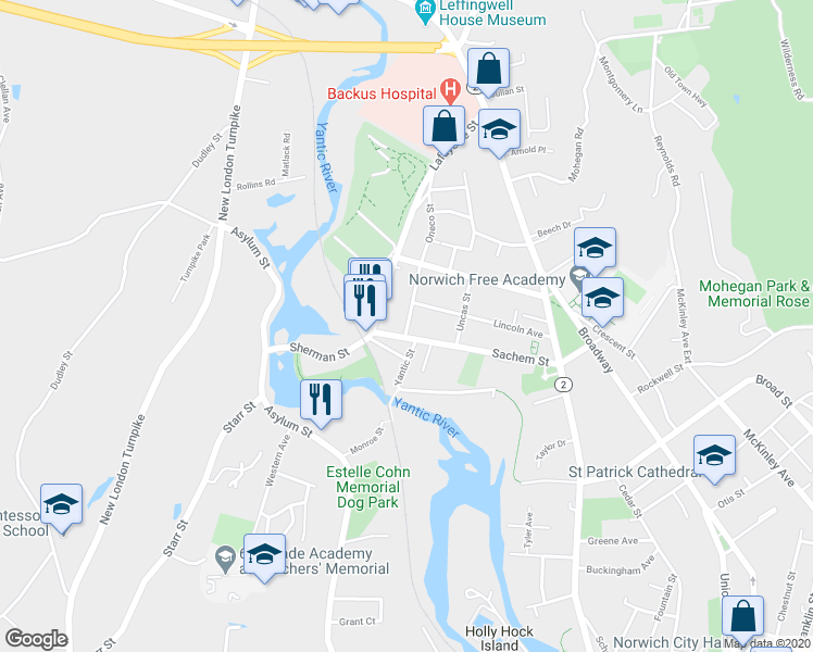 map of restaurants, bars, coffee shops, grocery stores, and more near 32 Oneco Street in Norwich