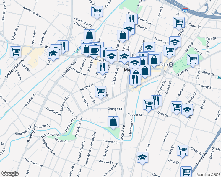 map of restaurants, bars, coffee shops, grocery stores, and more near 85 Linsley Avenue in Meriden