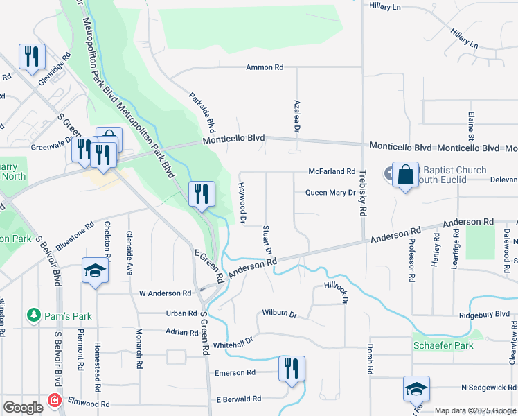 map of restaurants, bars, coffee shops, grocery stores, and more near 880 Stuart Drive in South Euclid