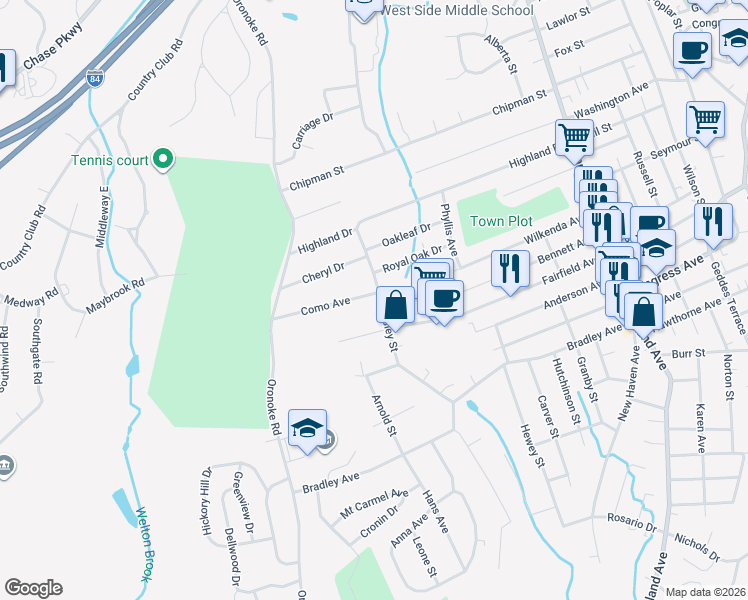 map of restaurants, bars, coffee shops, grocery stores, and more near 216 Wesley Street in Waterbury