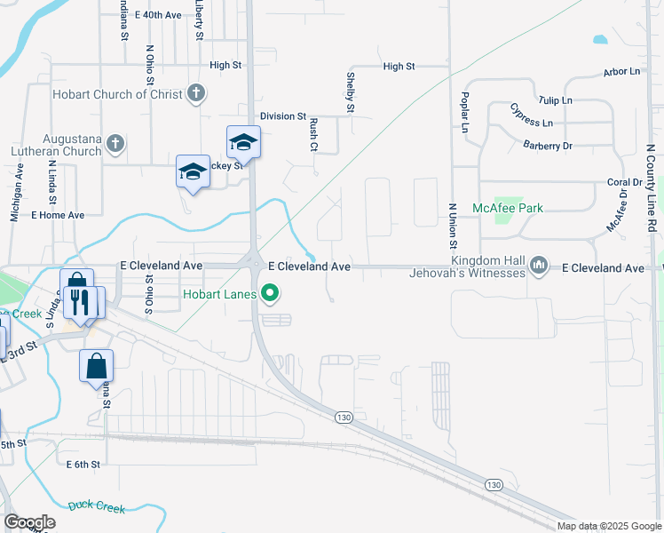 map of restaurants, bars, coffee shops, grocery stores, and more near E Cleveland Ave & Cleveland Terrace in Hobart