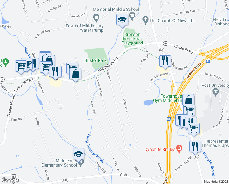map of restaurants, bars, coffee shops, grocery stores, and more near 31 Yale Avenue in Middlebury