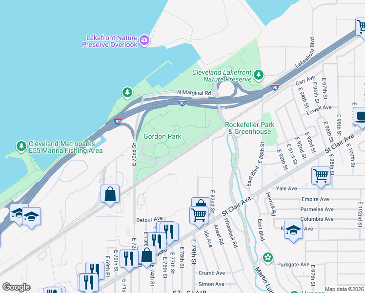 map of restaurants, bars, coffee shops, grocery stores, and more near Gordon Park in Cleveland