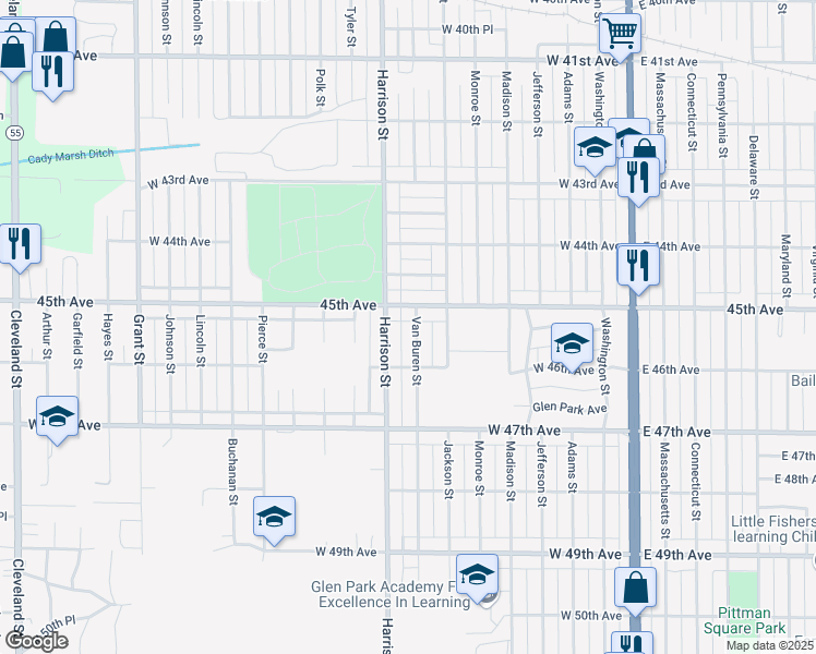 map of restaurants, bars, coffee shops, grocery stores, and more near 4534 Van Buren Street in Gary