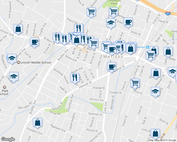 map of restaurants, bars, coffee shops, grocery stores, and more near 58 South 1st Street in Meriden