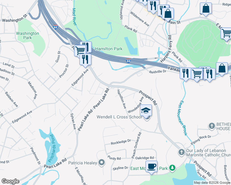 map of restaurants, bars, coffee shops, grocery stores, and more near 1030 Hamilton Avenue in Waterbury