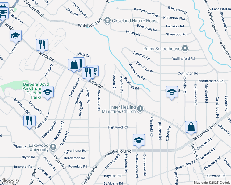 map of restaurants, bars, coffee shops, grocery stores, and more near 888 Medford Road in Cleveland Heights
