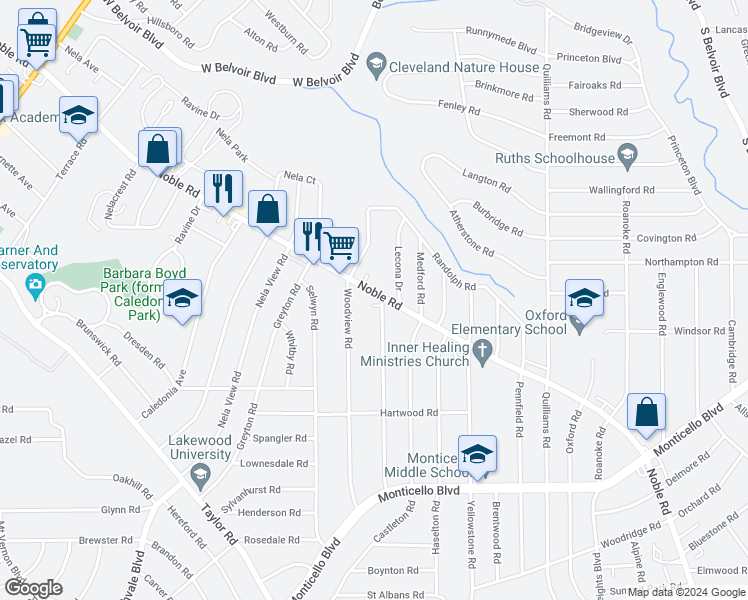 map of restaurants, bars, coffee shops, grocery stores, and more near in Cleveland Heights