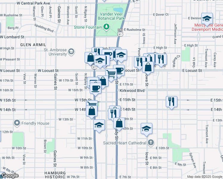map of restaurants, bars, coffee shops, grocery stores, and more near 1606 Brady Street in Davenport