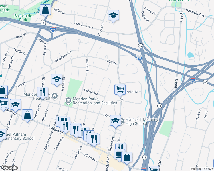 map of restaurants, bars, coffee shops, grocery stores, and more near 256 Williams Street in Meriden