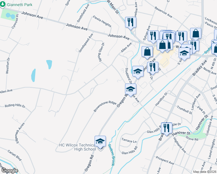 map of restaurants, bars, coffee shops, grocery stores, and more near 10 Brownstone Ridge in Meriden