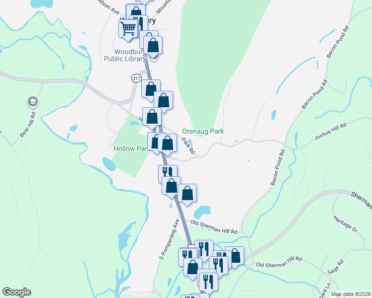map of restaurants, bars, coffee shops, grocery stores, and more near 30 Park Road in Woodbury