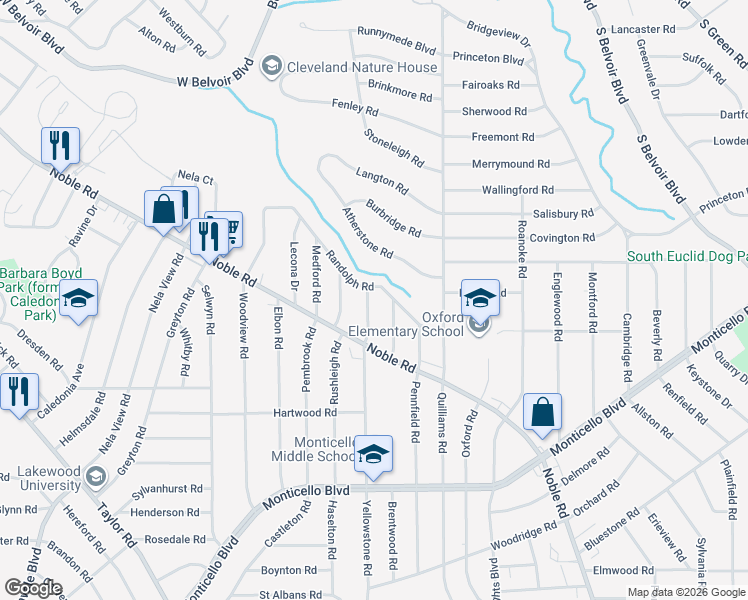 map of restaurants, bars, coffee shops, grocery stores, and more near 3658 Randolph Road in Cleveland Heights