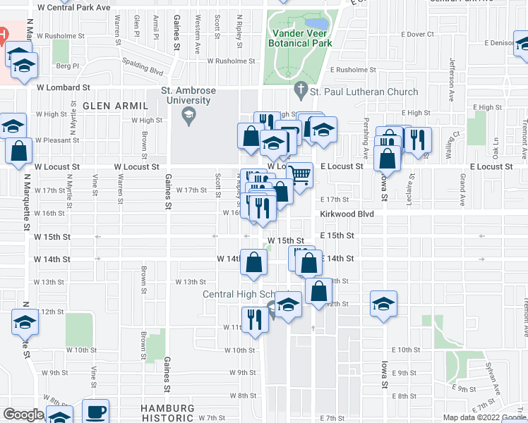 map of restaurants, bars, coffee shops, grocery stores, and more near 1602 North Harrison Street in Davenport