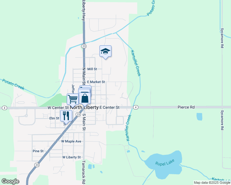 map of restaurants, bars, coffee shops, grocery stores, and more near 307 East Harrison Street in North Liberty