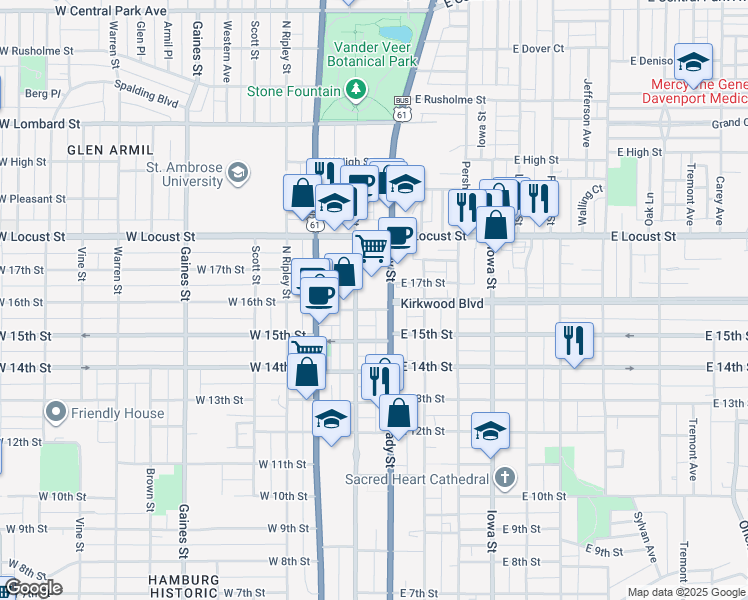 map of restaurants, bars, coffee shops, grocery stores, and more near 1606 Brady Street in Davenport