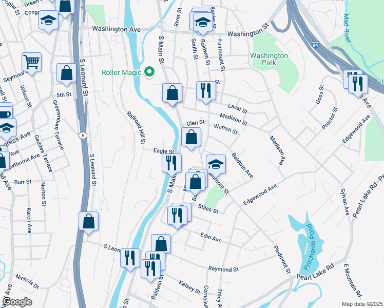 map of restaurants, bars, coffee shops, grocery stores, and more near 100 Piedmont Street in Waterbury