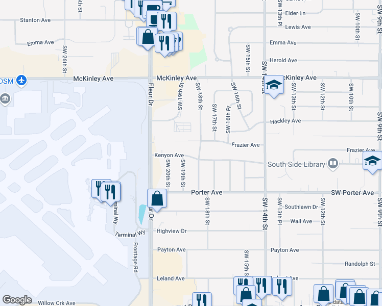 map of restaurants, bars, coffee shops, grocery stores, and more near 1807 Kenyon Avenue in Des Moines