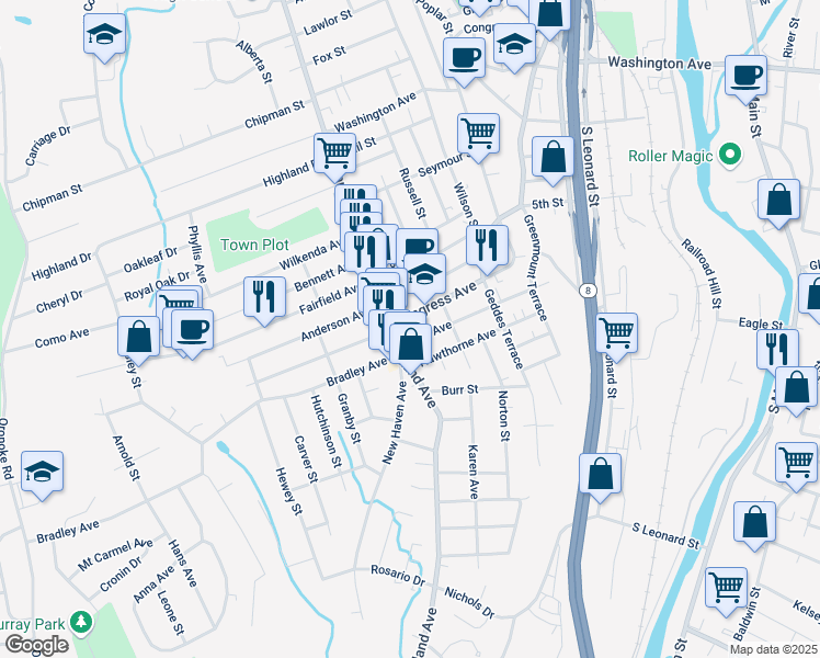 map of restaurants, bars, coffee shops, grocery stores, and more near 809 Highland Avenue in Waterbury