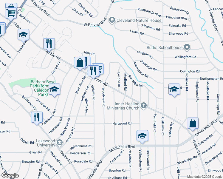map of restaurants, bars, coffee shops, grocery stores, and more near 2266 Noble Road in Cleveland Heights