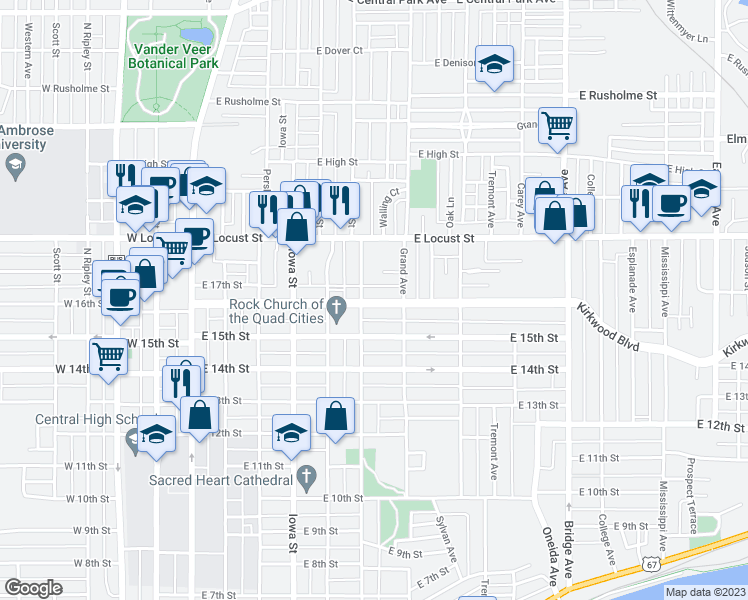 map of restaurants, bars, coffee shops, grocery stores, and more near 628 Kirkwood Blvd in Davenport