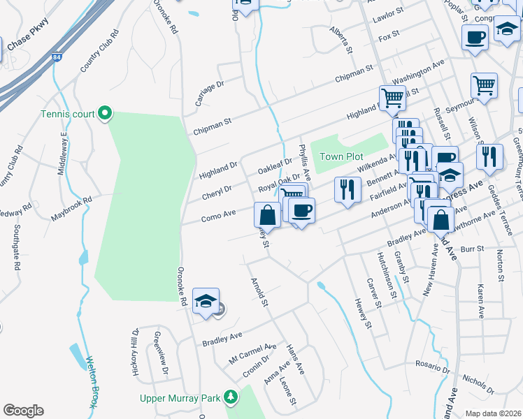 map of restaurants, bars, coffee shops, grocery stores, and more near 216 Wesley Street in Waterbury
