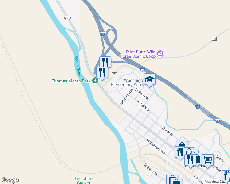 map of restaurants, bars, coffee shops, grocery stores, and more near 1011 Trona Drive in Green River