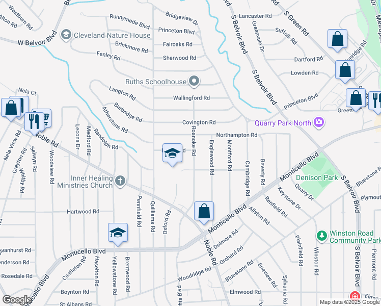map of restaurants, bars, coffee shops, grocery stores, and more near 874 Roanoke Road in Cleveland Heights