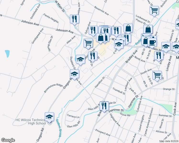 map of restaurants, bars, coffee shops, grocery stores, and more near 44 Pheasant Drive in Meriden