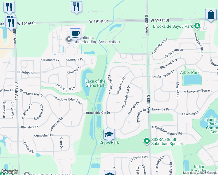 map of restaurants, bars, coffee shops, grocery stores, and more near 19500 Edgebrook Lane in Tinley Park