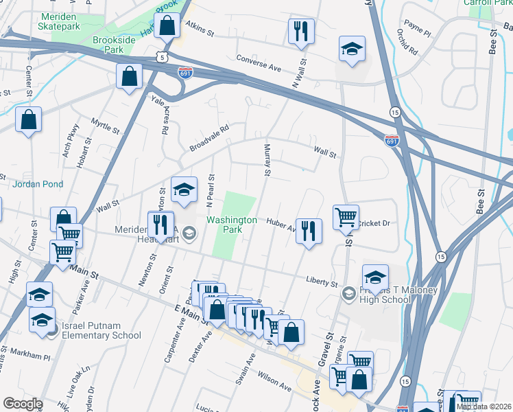 map of restaurants, bars, coffee shops, grocery stores, and more near 44 Woodlawn Terrace in Meriden