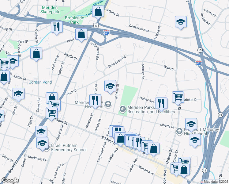 map of restaurants, bars, coffee shops, grocery stores, and more near 88 North Pearl Street in Meriden