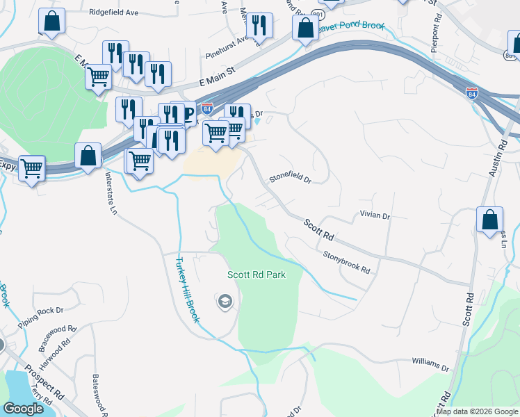 map of restaurants, bars, coffee shops, grocery stores, and more near 244 Scott Road in Waterbury