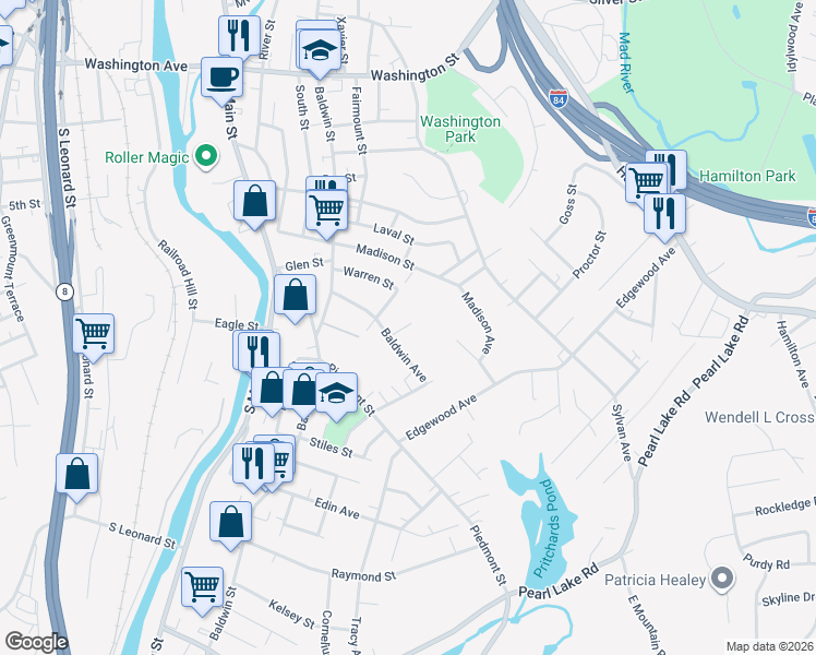 map of restaurants, bars, coffee shops, grocery stores, and more near in Waterbury