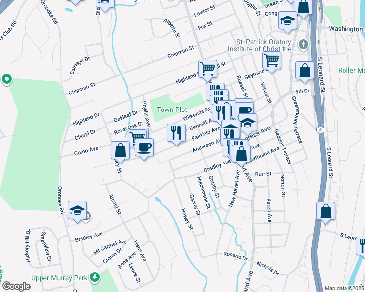 map of restaurants, bars, coffee shops, grocery stores, and more near 135 Fairfield Avenue in Waterbury
