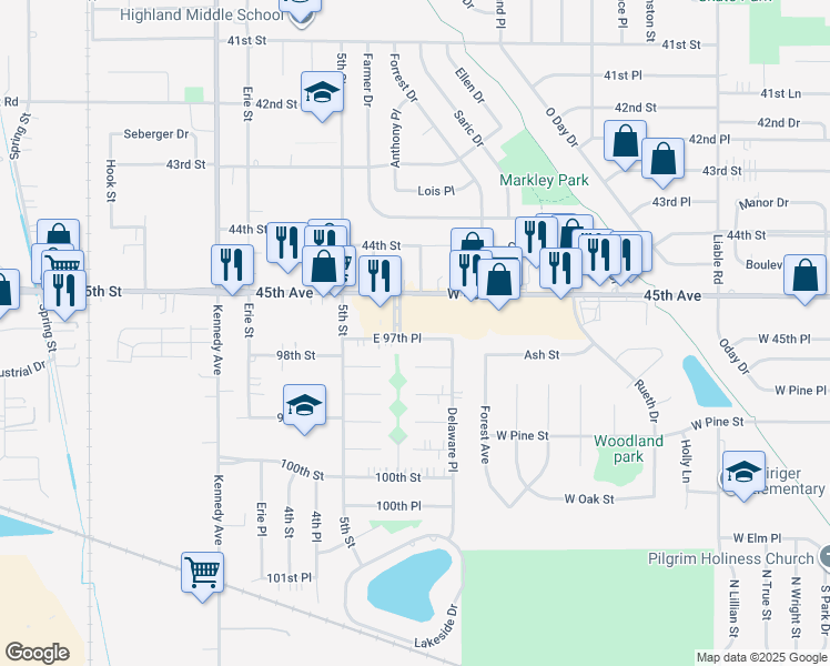 map of restaurants, bars, coffee shops, grocery stores, and more near 3051 East 97th Place in Highland