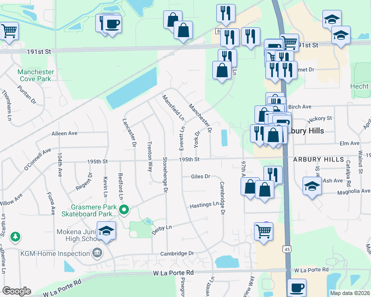 map of restaurants, bars, coffee shops, grocery stores, and more near 19434 Everett Lane in Mokena