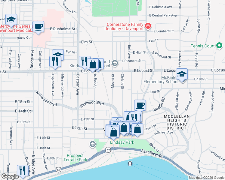 map of restaurants, bars, coffee shops, grocery stores, and more near Mound Street in Davenport