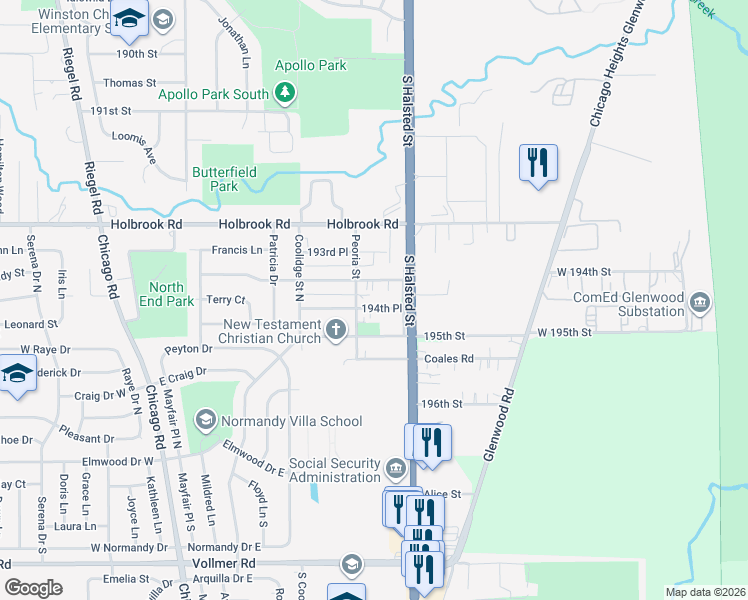 map of restaurants, bars, coffee shops, grocery stores, and more near 822 194th Place in Chicago Heights