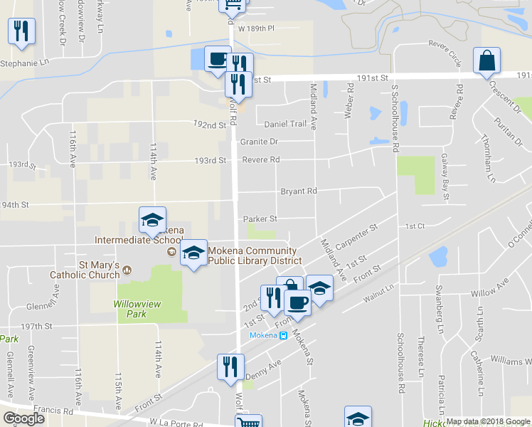 map of restaurants, bars, coffee shops, grocery stores, and more near 11110 Parker Street in Mokena