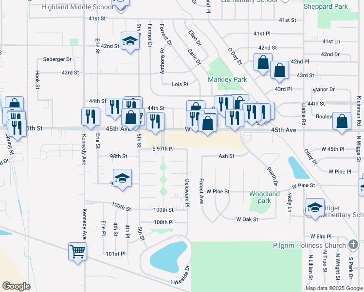 map of restaurants, bars, coffee shops, grocery stores, and more near 3125 97th Pl in Highland