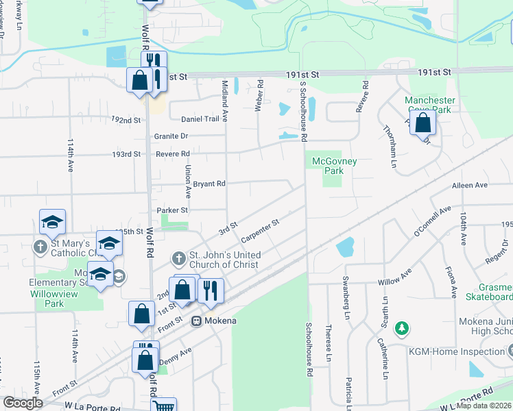 map of restaurants, bars, coffee shops, grocery stores, and more near 10924 3rd Street in Mokena