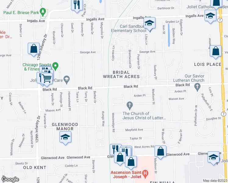 map of restaurants, bars, coffee shops, grocery stores, and more near 2320 Black Road in Joliet
