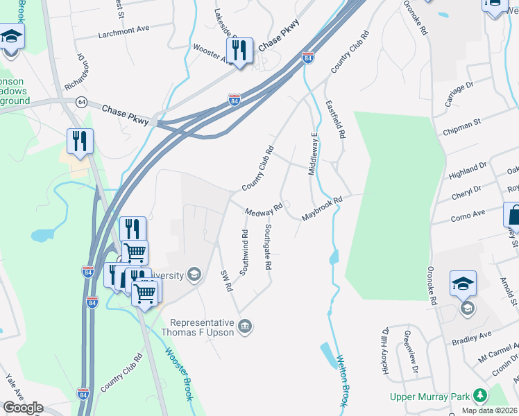 map of restaurants, bars, coffee shops, grocery stores, and more near 55 Medway Road in Waterbury