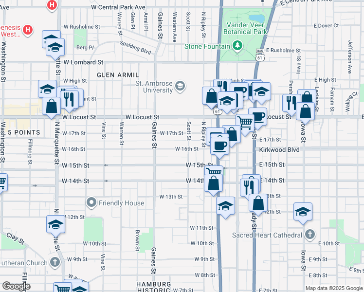 map of restaurants, bars, coffee shops, grocery stores, and more near 514 West 16th Street in Davenport