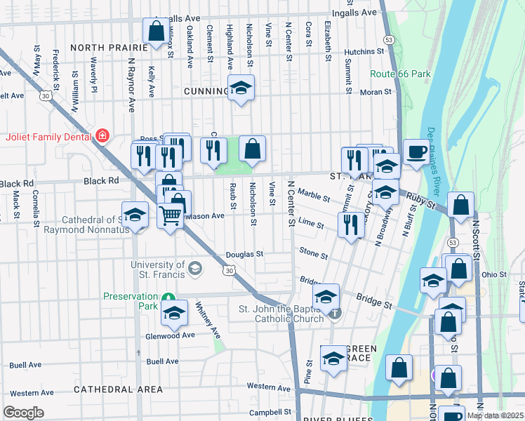 map of restaurants, bars, coffee shops, grocery stores, and more near 457 Mason Avenue in Joliet