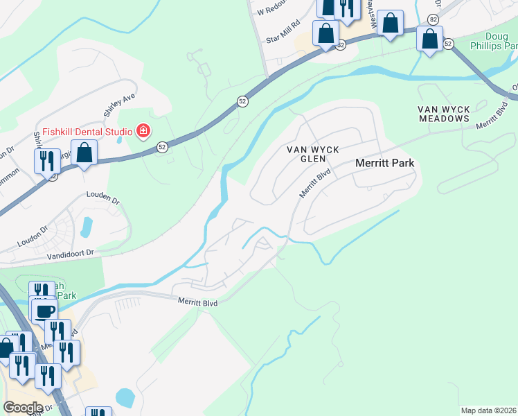 map of restaurants, bars, coffee shops, grocery stores, and more near 145 Stony Brook Road in Fishkill